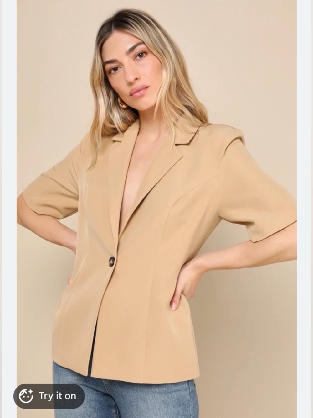 Lulus Sleek Perception Tan Short Sleeve Button-Front Blazer XS